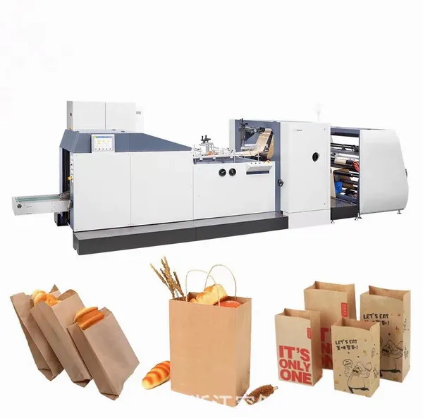 Máquina para fabricar bolsas de papel Kraft marrón de comida rápida, completamente automática, de alta velocidad, con fondo plano y afilado, galletas tipo sándwich, con asa